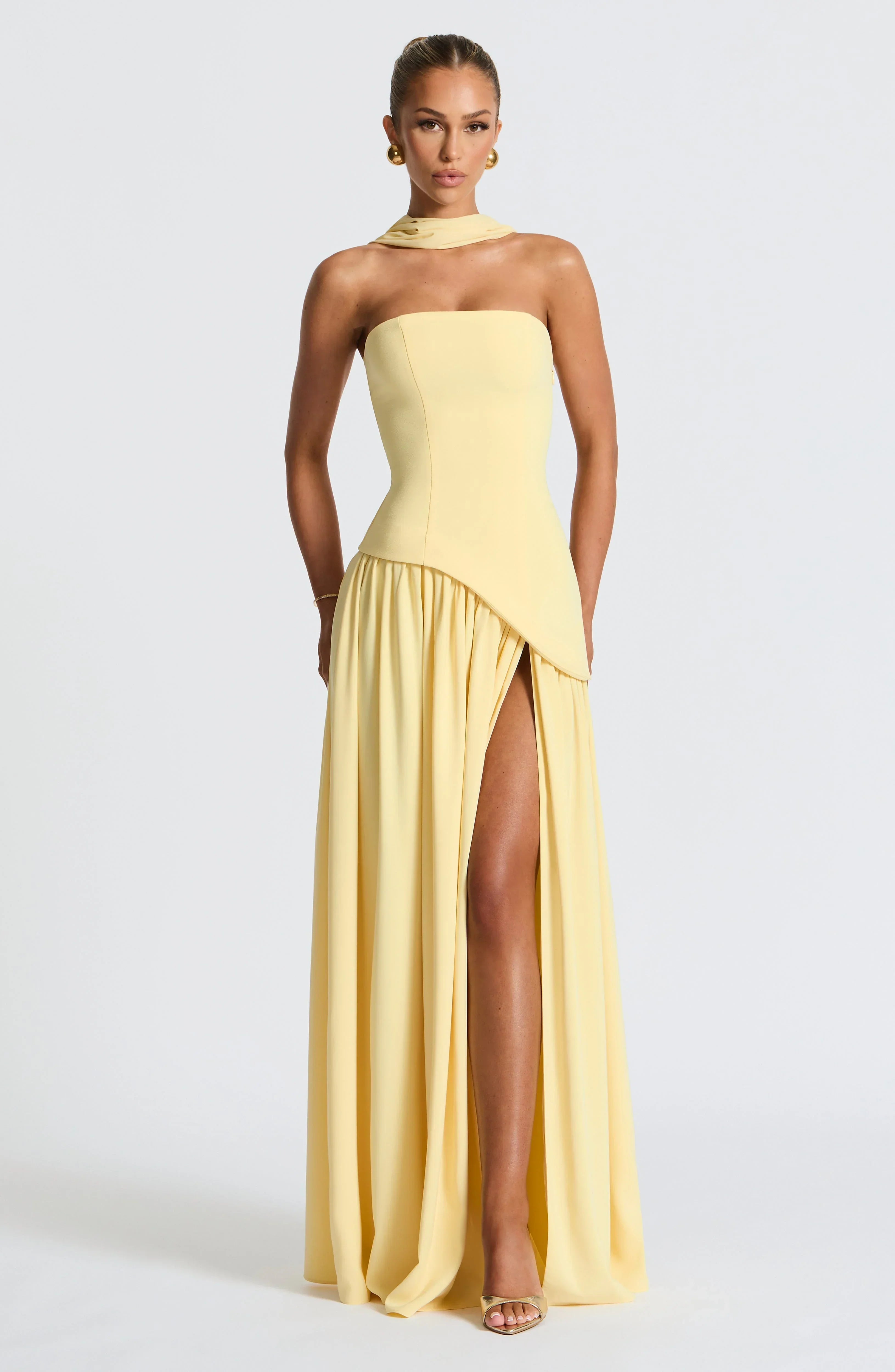 Fitted Corset Maxi Dress with Scarf Detail and Slit