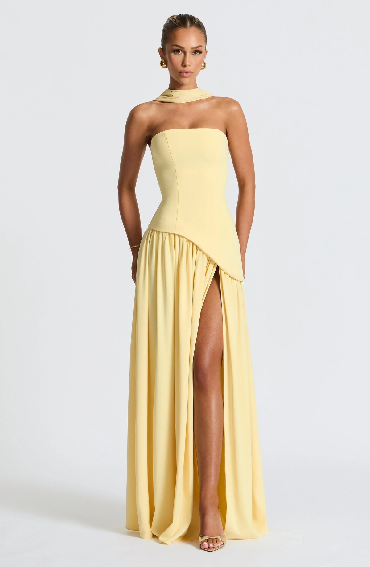 Fitted Corset Maxi Dress with Scarf Detail and Slit
