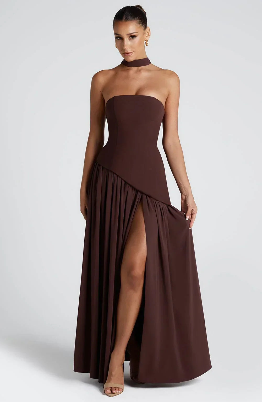 Fitted Corset Maxi Dress with Scarf Detail and Slit