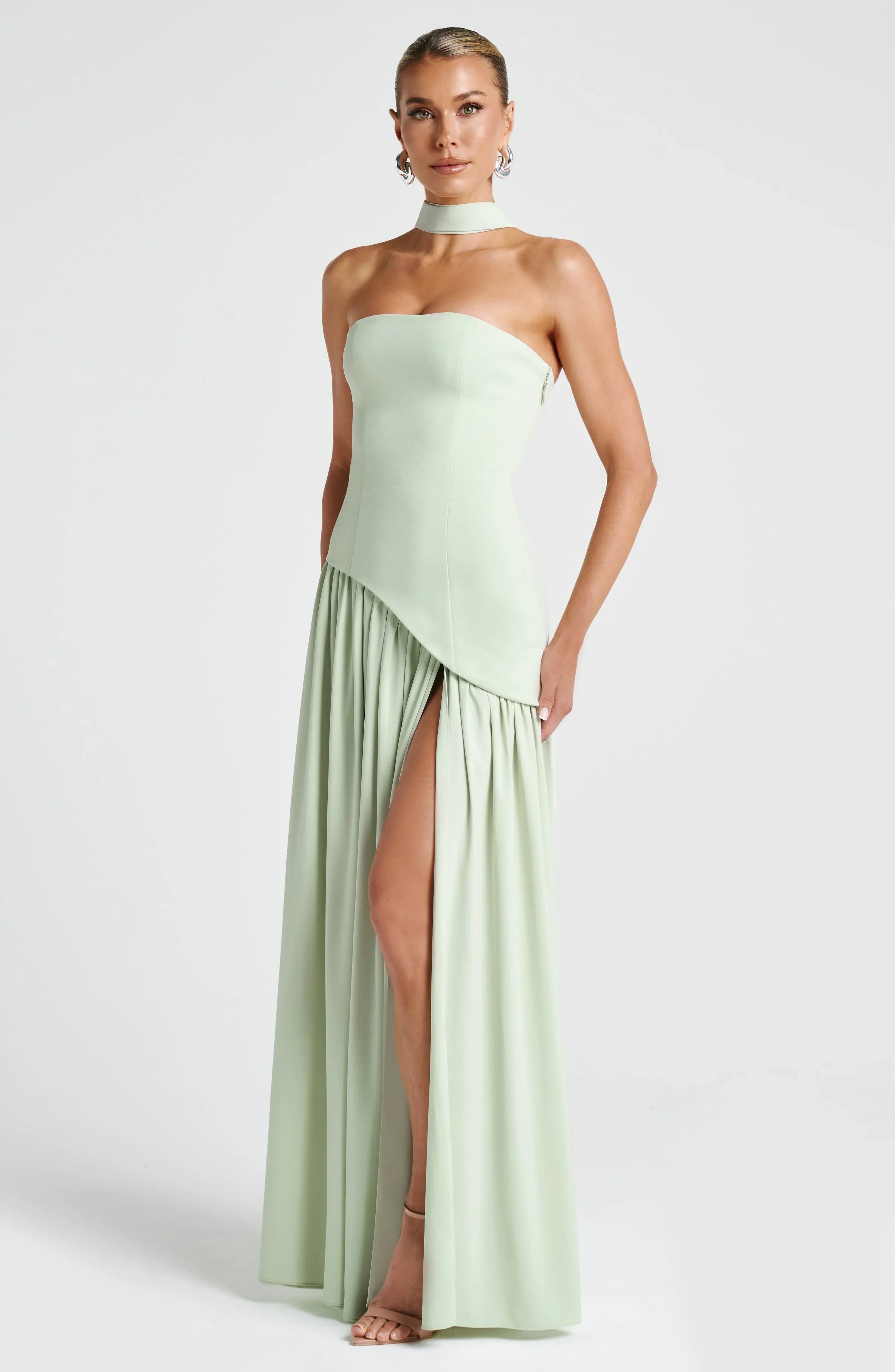 Fitted Corset Maxi Dress with Scarf Detail and Slit
