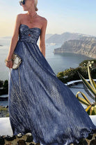 Pleated Glitter Bustier Maxi Evening Dress