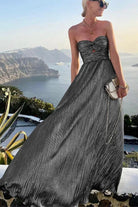Pleated Glitter Bustier Maxi Evening Dress