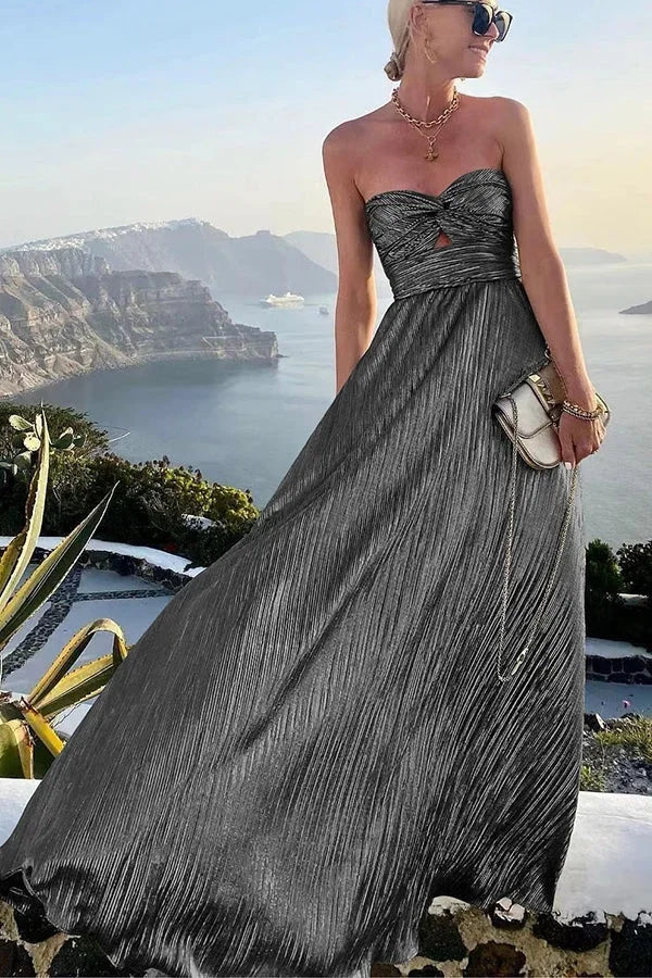 Pleated Glitter Bustier Maxi Evening Dress