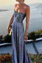 Pleated Glitter Bustier Maxi Evening Dress