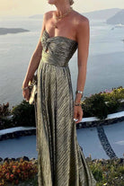 Pleated Glitter Bustier Maxi Evening Dress