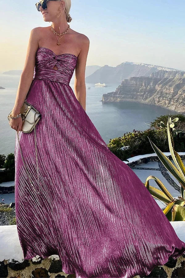 Pleated Glitter Bustier Maxi Evening Dress