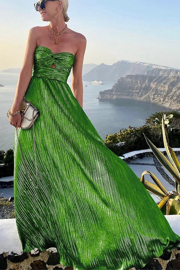 Pleated Glitter Bustier Maxi Evening Dress