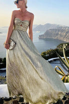 Pleated Glitter Bustier Maxi Evening Dress