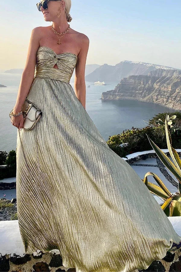 Pleated Glitter Bustier Maxi Evening Dress