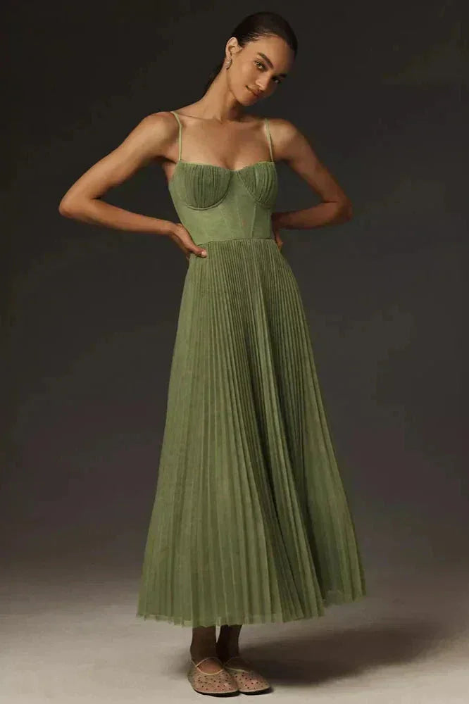 Pleated Dress with Adjustable Thin Straps – Green